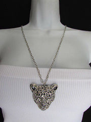 Ny Chic Women Silver Black Leopard Necklace Tiger Head Pendant Rhinestones Long - alwaystyle4you - 3