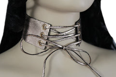 Dark Blue Metallic Rose Gold Pastel Pink Animal Print Leopard Brown Wide Denim Fabric Corset Long Tie Choker Necklace