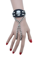 Women Men Bracelet Silver Metal Hand Chain Skull Charm Biker One Size