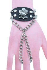 Rose Charm Faux Leather & Silver Metal Hand Chain