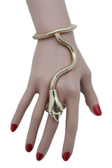 Women Sexy Look Fashion Bracelet Gold Metal Hand Chain Snake Cobra Slave Elastic Band Ring