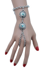 Antique Silver Hand Chain Bracelet Western Fashion Turquoise Blue Flowers