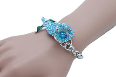 Women Bracelet Silver Metal Chain Turquoise Blue Flower Wedding Elegant Bridal Style