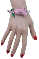 Silver Metal Chain Wrist Bracelet Pink Bling Flower Charm