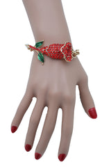 Women Fancy Bracelet Fashion Gold Metal Chain Elegant Evening Red Flower Charm One Size Band