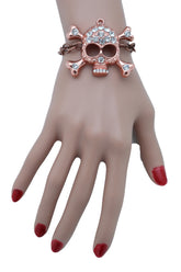 Women Brown Bronze Color Metal Chain Bracelet Skull Charm Cool Stylish Look