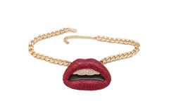Trendy Necklace Gold Metal Chain Big Kiss Pink Lips Mouth