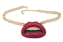 Trendy Necklace Gold Metal Chain Big Kiss Pink Lips Mouth