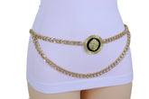 Gold Metal Wave Chain Belt with Lion Medallion Pendant