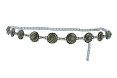 Women Western Fashion Belt Antique Gold Metal Turquoise Flower Charm Fits Sizes S M L