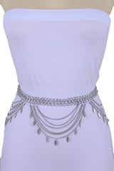 Multi Strand Side Waves Leaf Charms Metal Chain Belt