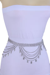 Multi Strand Side Waves Leaf Charms Metal Chain Belt