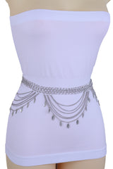 Multi Strand Side Waves Leaf Charms Metal Chain Belt