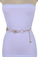 Women Gold Color Metal Chain Skinny Fancy Waistband Bling Flower Charm Belt