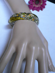 Green Antique Silver Metal Elastic Bracelet Old Olive Green Leave Rhinestone Trendy Women Fashion Jewelry Accessories - alwaystyle4you - 1