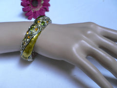 Green Antique Silver Metal Elastic Bracelet Old Olive Green Leave Rhinestone Trendy New Women Fashion Jewelry Accessories - alwaystyle4you - 2