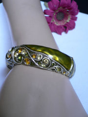 Green Antique Silver Metal Elastic Bracelet Old Olive Green Leave Rhinestone Trendy New Women Fashion Jewelry Accessories - alwaystyle4you - 3