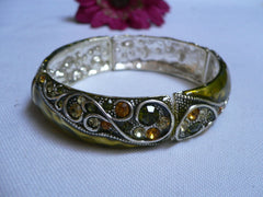 Green Antique Silver Metal Elastic Bracelet Old Olive Green Leave Rhinestone Trendy New Women Fashion Jewelry Accessories - alwaystyle4you - 4