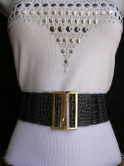 Women Black Belt Faux Leather Stretch Fabric Hip Waist Gold Metal Buckle S-L