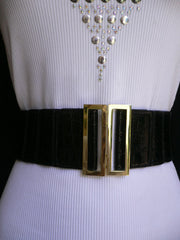 Women Black Belt Faux Leather Stretch Fabric Hip Waist Gold Metal Buckle S-L