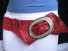 Brown / Red Faux Leather Elastic Bend Hip Belt Big Bow Multi Rhinestones Oval Buckle New Women Fashion Accessories Size XS S M - alwaystyle4you - 2