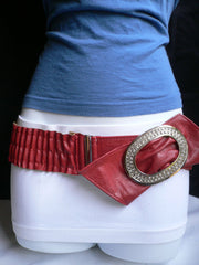 Brown / Red Faux Leather Elastic Bend Hip Belt Big Bow Multi Rhinestones Oval Buckle New Women Fashion Accessories Size XS S M - alwaystyle4you - 3