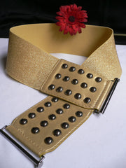 Gold Faux Leather Wide Elastic Stretch Back Belt Pewter Studs New Women Fashion Accessories Plus Size M-XL - alwaystyle4you - 2