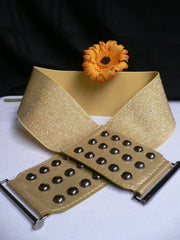 Gold Faux Leather Wide Elastic Stretch Back Belt Pewter Studs New Women Fashion Accessories Plus Size M-XL - alwaystyle4you - 3