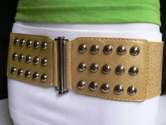 Gold Faux Leather Wide Elastic Stretch Back Belt Pewter Studs New Women Fashion Accessories Plus Size M-XL - alwaystyle4you - 4