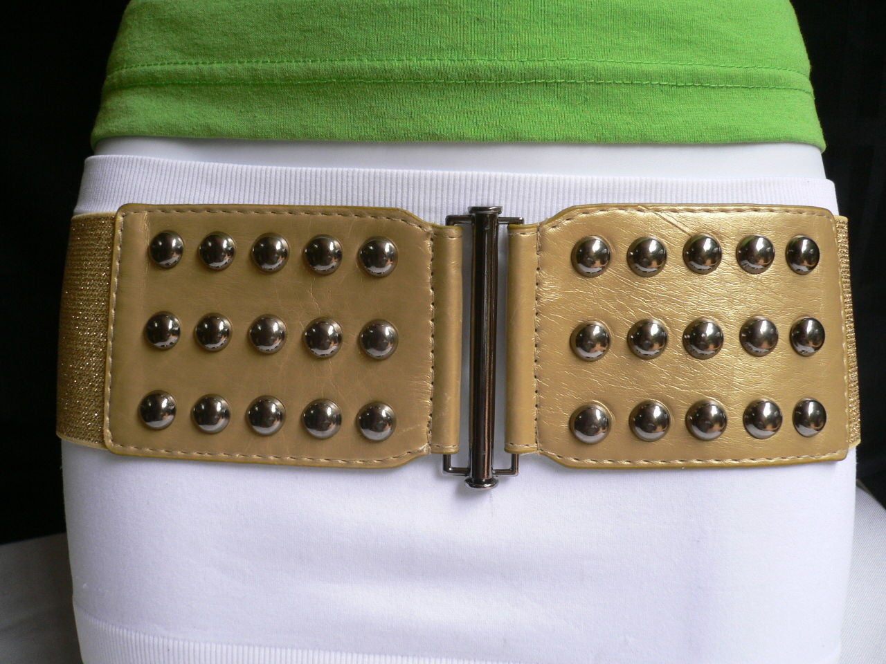 Gold Faux Leather Wide Elastic Stretch Back Belt Pewter Studs Women Fashion Accessories Plus Size M-XL - alwaystyle4you - 1