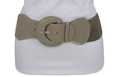 Women Beige Gray Elastic Belt Fashion Hip High Waist Big Round Buckle XS S M