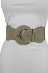 Women Beige Gray Elastic Belt Fashion Hip High Waist Big Round Buckle XS S M