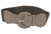 Women Beige Gray Elastic Belt Fashion Hip High Waist Big Round Buckle XS S M