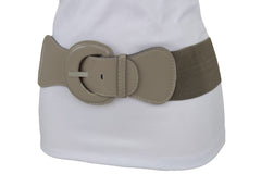 Women Beige Gray Elastic Belt Fashion Hip High Waist Big Round Buckle XS S M