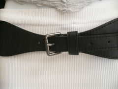 Women Black Faux Leather Belt Fashion Hip High Waist Elastic Long Buckle S - M