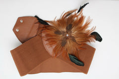Women Brown Faux Leather Elastic Belt Fashion Flower Shape Feather Hip Waist M L XL