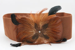 Women Brown Faux Leather Elastic Belt Fashion Flower Shape Feather Hip Waist M L XL