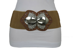 Women Mocha Brown Belt Elastic Fashion Hip High Waist Silver Metal Buckle M L XL