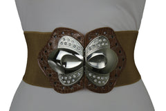 Women Mocha Brown Belt Elastic Fashion Hip High Waist Silver Metal Buckle M L XL