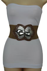 Women Mocha Brown Belt Elastic Fashion Hip High Waist Silver Metal Buckle M L XL