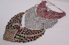 Red With Pink / Silver / Multi Colored Rhineston Bid Collar Metal Chains Necklace + Earrings Set New Women Fashion - alwaystyle4you - 3