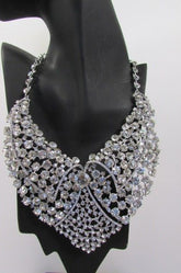 Red With Pink / Silver / Multi Colored Rhineston Bid Collar Metal Chains Necklace + Earrings Set New Women Fashion - alwaystyle4you - 27