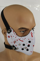 White Faux Leather Hannibal Blood Spikes Mouth Muzzle S&M Face Mask Halloween Accessories