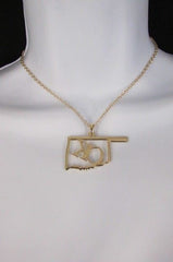Gold Long Chains OK Oklahoma Pendant Necklace + Earrings Set New Women 18" Fashion - alwaystyle4you - 2