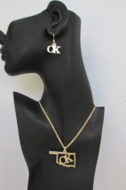 Gold Long Chains OK Oklahoma Pendant Necklace + Earrings Set Women 18" Fashion - alwaystyle4you - 1