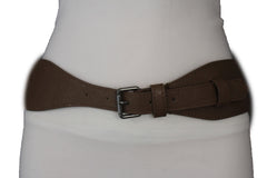 Brown / Black Elastic Stretch Back Band Hip High Waist Belt Metal Buckle Women Fashion Accessories Size S M - alwaystyle4you - 1