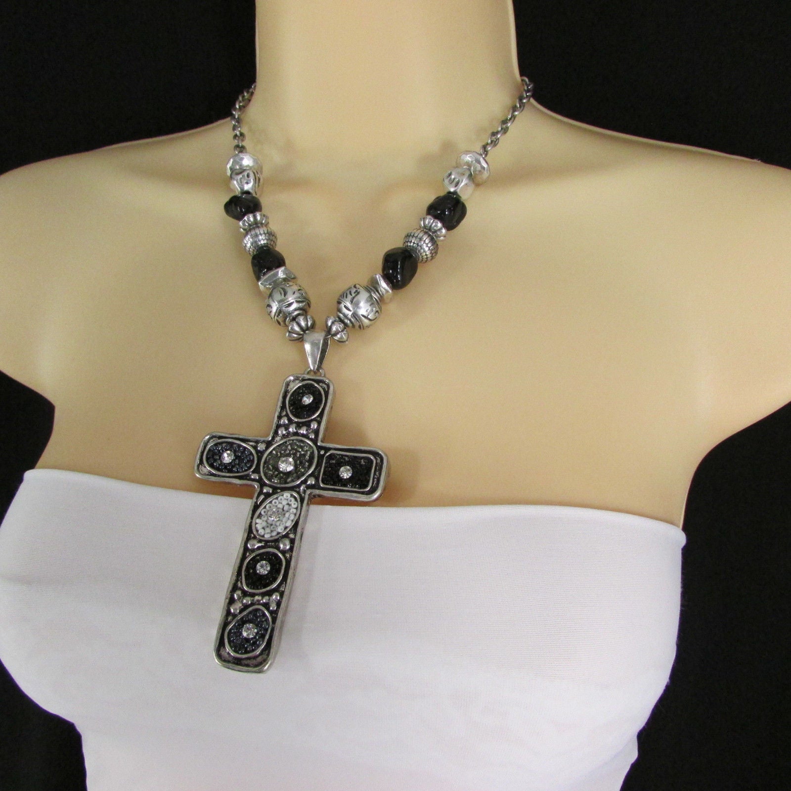 Silver Metal Chain Big Large Black Or Red Cross Necklace Earrings Set