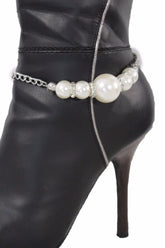 Silver Metal Chain Anklet Shoe Pearl Balls Charm Unique Boot Bracelet