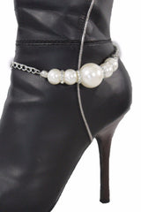 Silver Metal Chain Anklet Shoe Pearl Balls Charm Unique Boot Bracelet