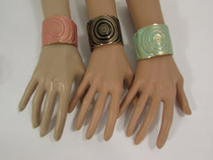 Gold With Pink / Black / Metal 2" Wide Cuff Bracelet Hand Trendy Fashion New Women Jewelry Accessories - alwaystyle4you - 3